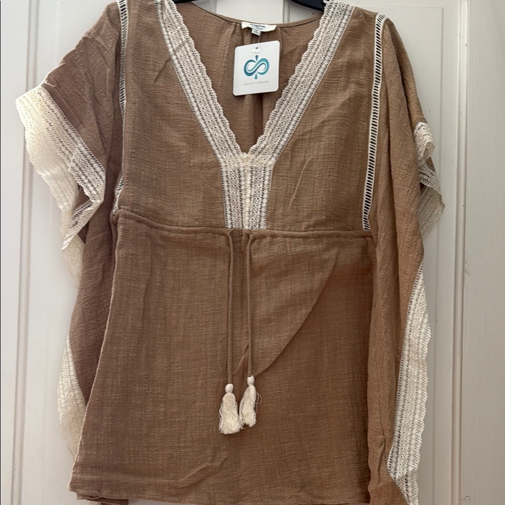 Infinity Raine Brown Cuffed Sleeve Tie Front Blouse